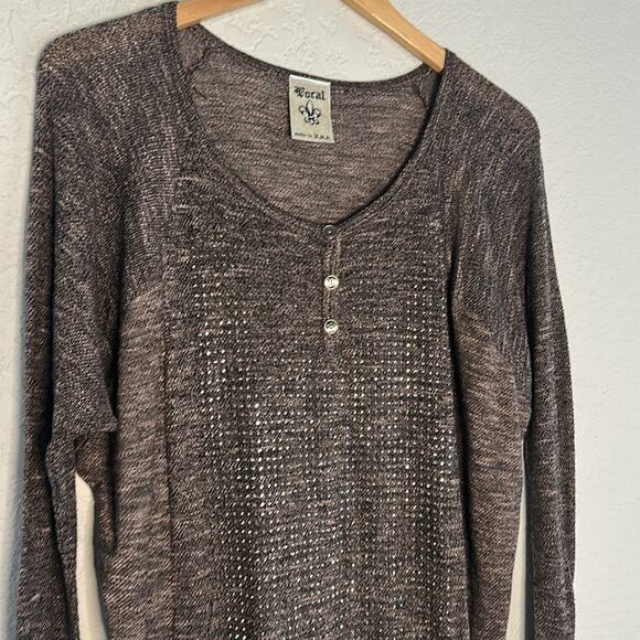 NEW Vocal Brown Thermal Long Sleeve Silver Studded Top Oversized Western Fall - Picture 2 of 7